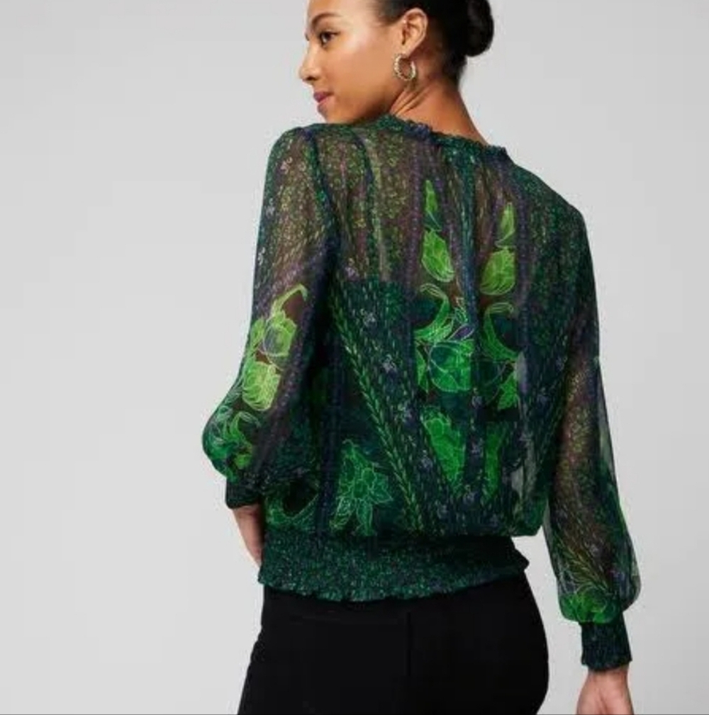 White House Black Market Vibrant Green and Black Floral Blouse - Picture 4 of 10